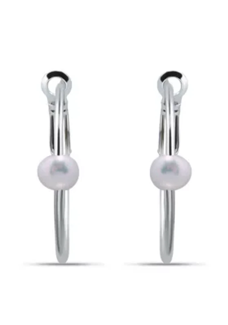 7mm Freshwater Pearl Station 2.5mmX30mm Oval Hoop Earrings. Sterling Silver