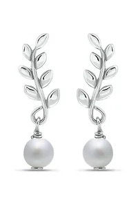 7mm Freshwater Pearl Leaf Drop Earrings, Sterling Silver