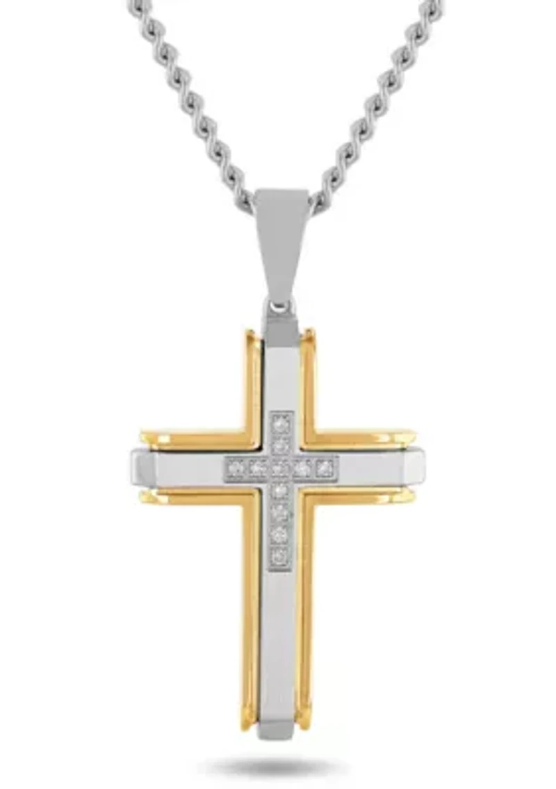 Lab Created 1/5CTW Lab Grown Diamond Men's Stainless Steel White and Yellow Two-tone Finish Cross Pendant