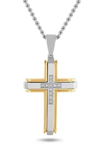 Lab Created 1/5CTW Lab Grown Diamond Men's Stainless Steel White and Yellow Two-tone Finish Cross Pendant
