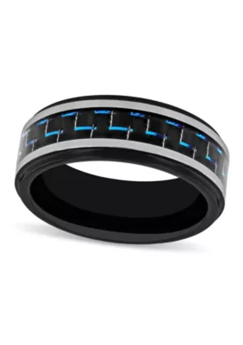 Black and Blue Pattern Inlay Step Edge 8mm Band in Two-tone Tungsten