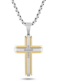 1/10CTW Diamond Stainless Steel Cross with Yellow Finish Pendant