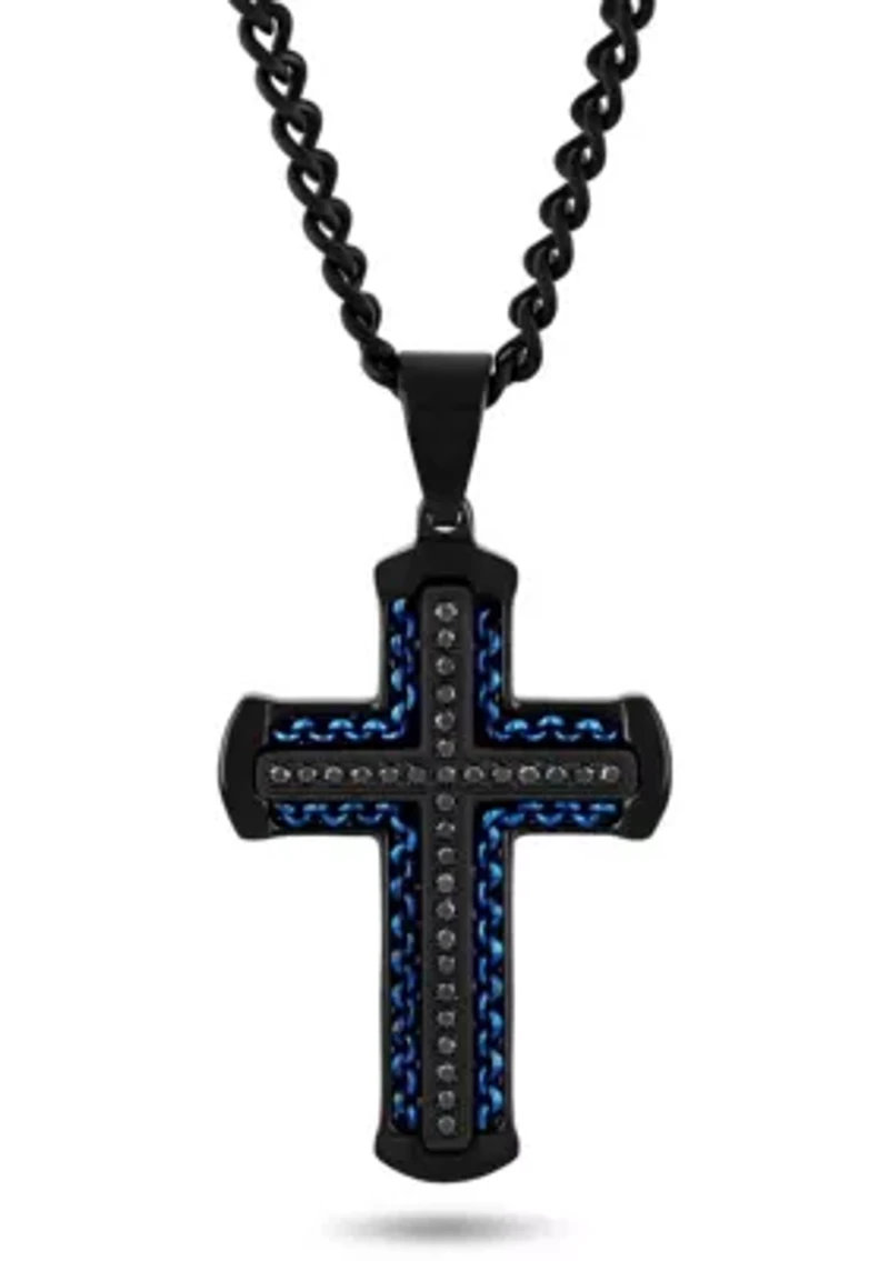 1/4CTW Black Diamond Stainless Steel Black and Blue Finish Cross Pendant