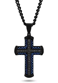 1/4CTW Black Diamond Stainless Steel Black and Blue Finish Cross Pendant