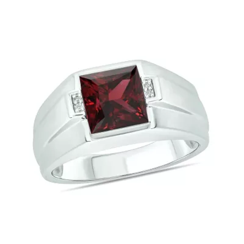 Diamond Accent and 3.0 ct. t.w. Natural Princess Cut Garnet Men's Ring Sterling Silver