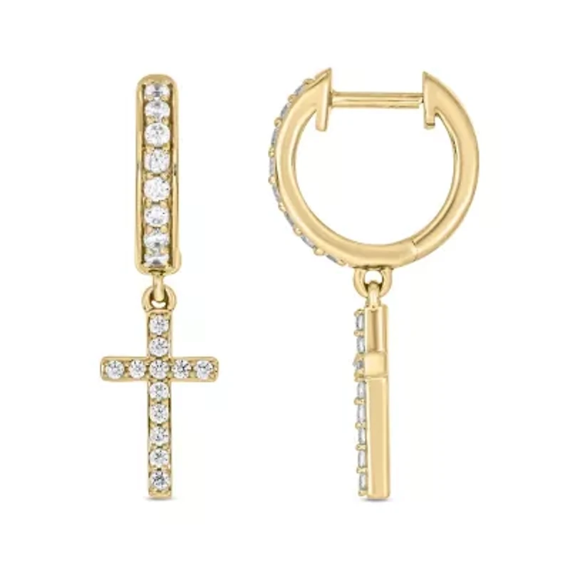 1/2 carat, Diamond Cross Dangler Hoop Earring in 14K Yellow Gold