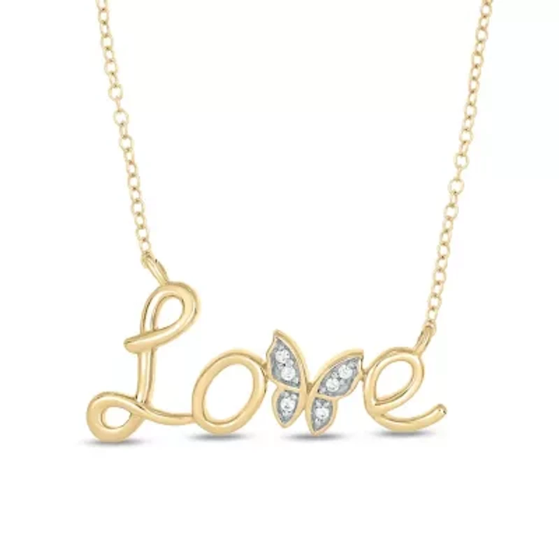 Diamond Accent Butterfly Love Script Front Pendant Necklace in 14K Yellow Gold