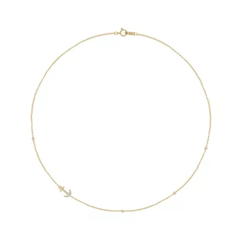 1/10 ct.t.w Diamond Anchor Bezel Charm Necklace in 14K Yellow Gold