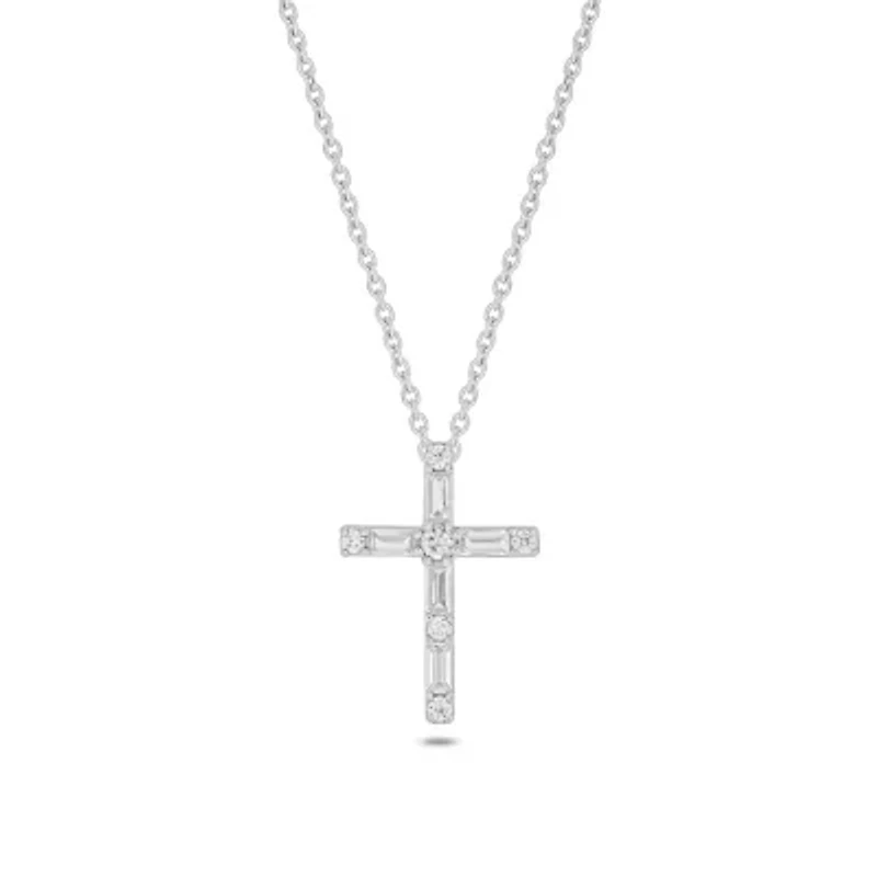 Lab Created 1/4 Carat Lab-Grown Baguette Diamond Cross Pendant in Sterling Silver