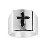 Stainless Steel Satin Carbon Fiber Cross Rectangle Top Ring