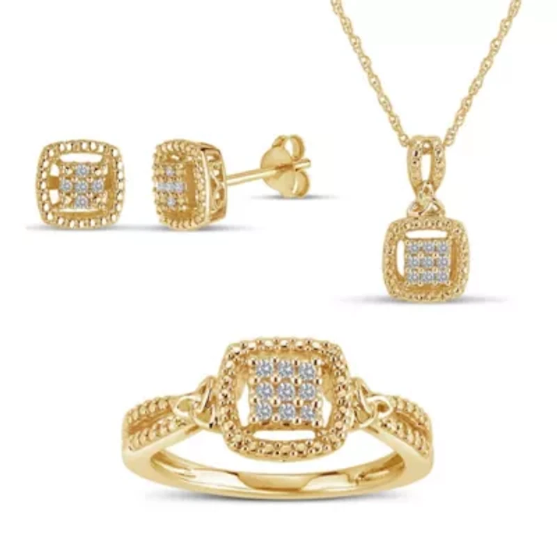14K Gold Plated Sterling Silver .25cttw Diamond Cushion Pendant, Earring and Ring Set