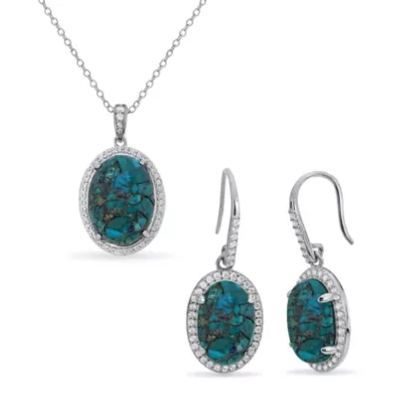 Lab Created Sterling Silver Oval Turquoise Pendant Necklace and Earring Set