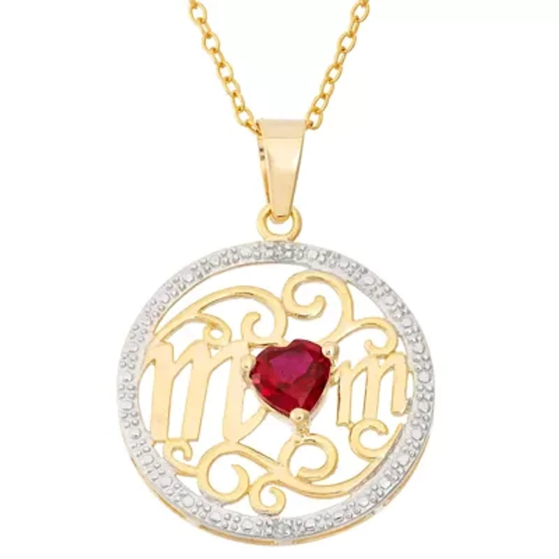 Lab Created 14K Gold Plated Sterling Silver 5mm Created Ruby Heart Diamond Accent Mom Circle Pendant 18-Inch Necklace