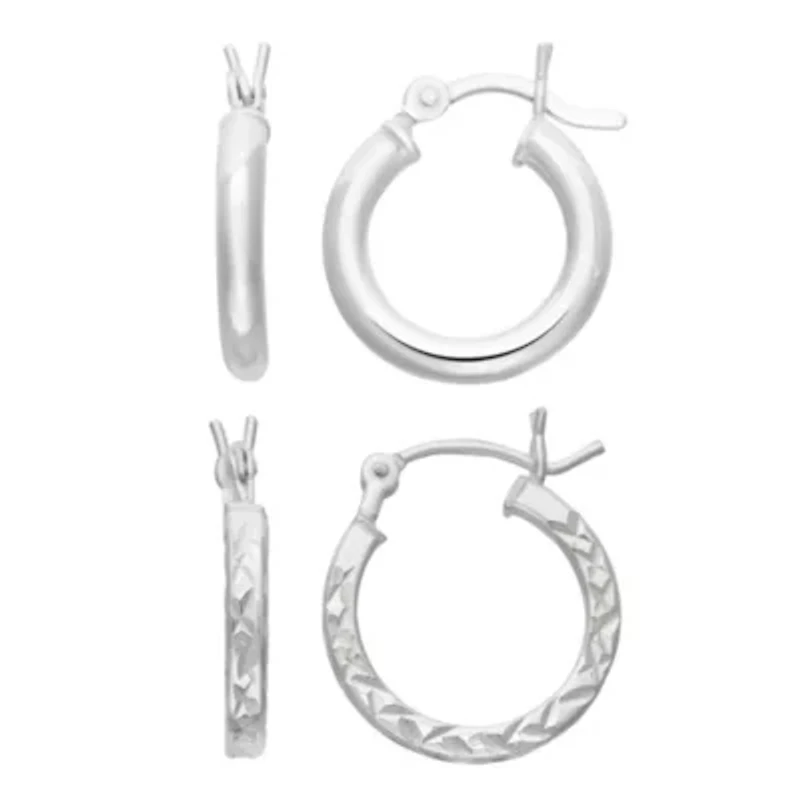 Sterling Silver 15mm Diamond Cut and Polished 2 Pair Hoop Earring Set