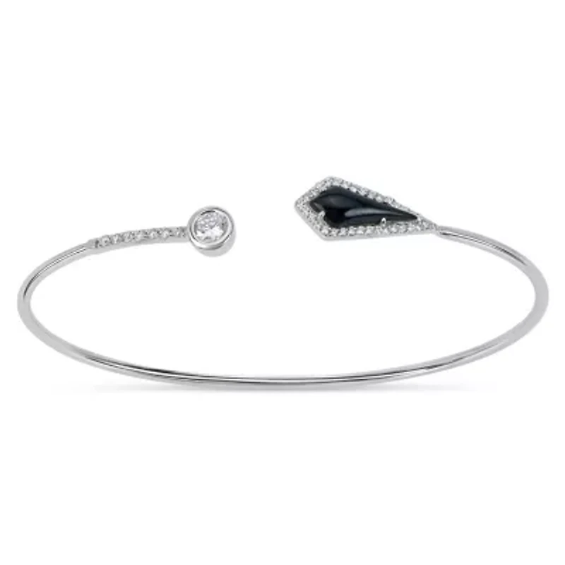 Sterling Silver 14x5mm Triangle Black Onyx and Cubic Zirconia 7.25 Inch Bangle Bracelet