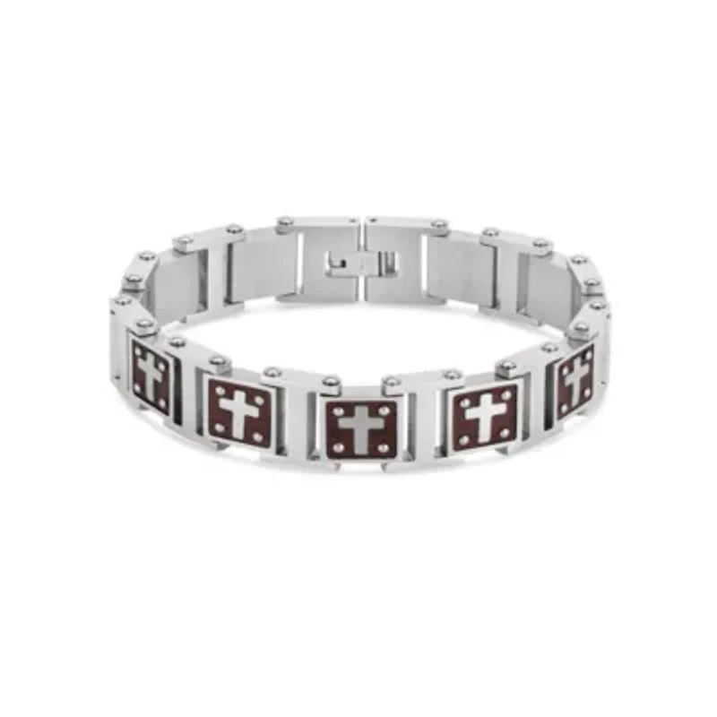 Stainless Steel Wood Cross Link 8.25-Inch Bracelet