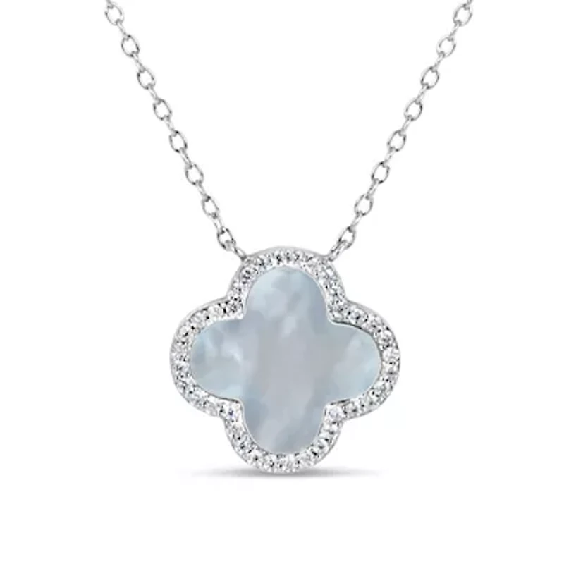Sterling Silver Mother of Pearl and Cubic Zirconia 10mm Flower Pendant 16+2-Inch Necklace