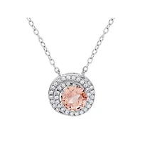 Lab Created Sterling Silver Morganite Peach Halo and Spiral White Cubic Zirconia Pendant 18-Inch Necklace