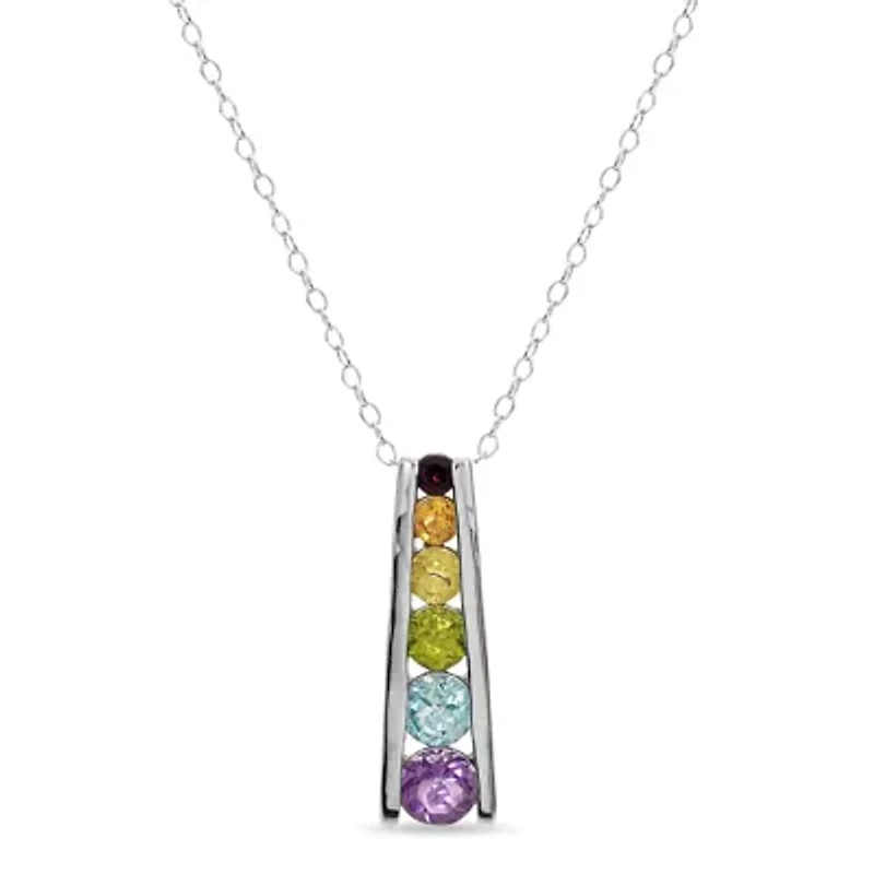 Sterling Silver Multi-Gemstone Rainbow Ladder Pendant 18-Inch Necklace