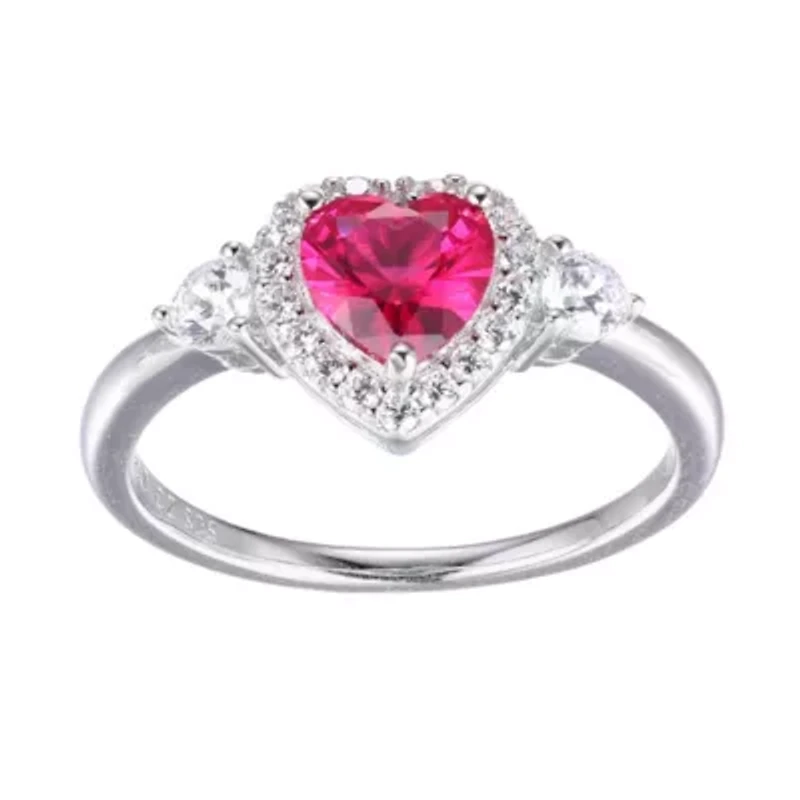 Lab Created Ruby and Cubic Zirconia Heart Ring Rhodium-plated Sterling Silver