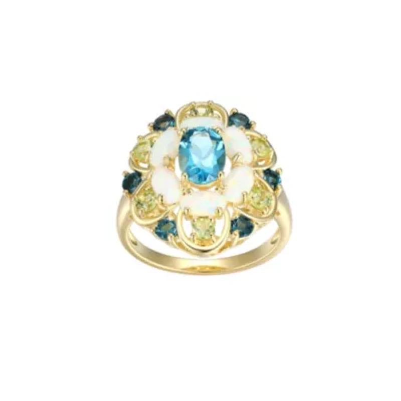 Lab Created Genuine London Blue Topaz, Opal and Peridot Ring 18K Gold-plated Sterling Silver
