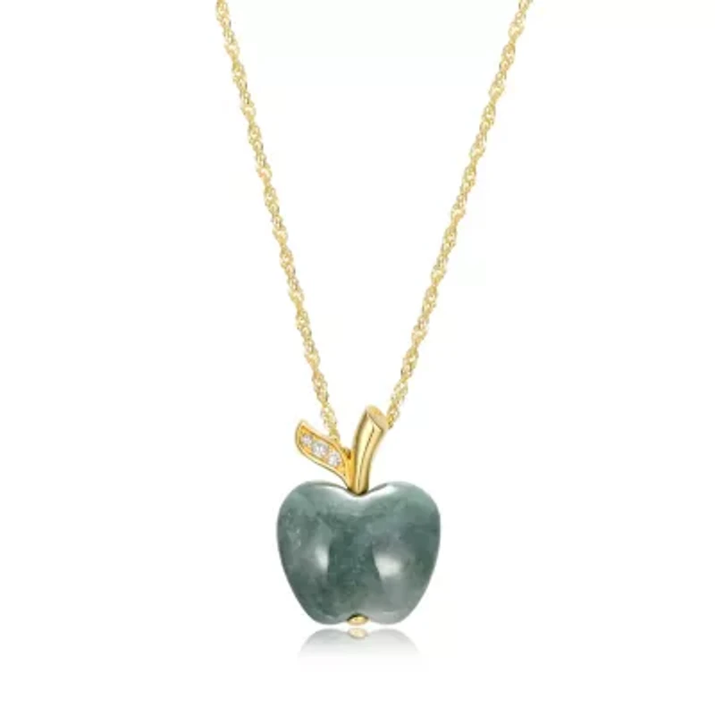 Genuine Jade Apple With White Topaz Necklace 18k Gold Plated Sterling Silver