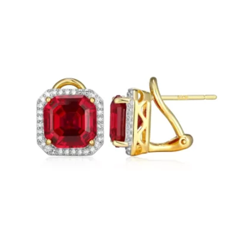 Lab Created 18K Yellow Gold Plated Sterling Silver Gemstone and 1/3 CTTW Grown Diamond Omega Clip Earrings