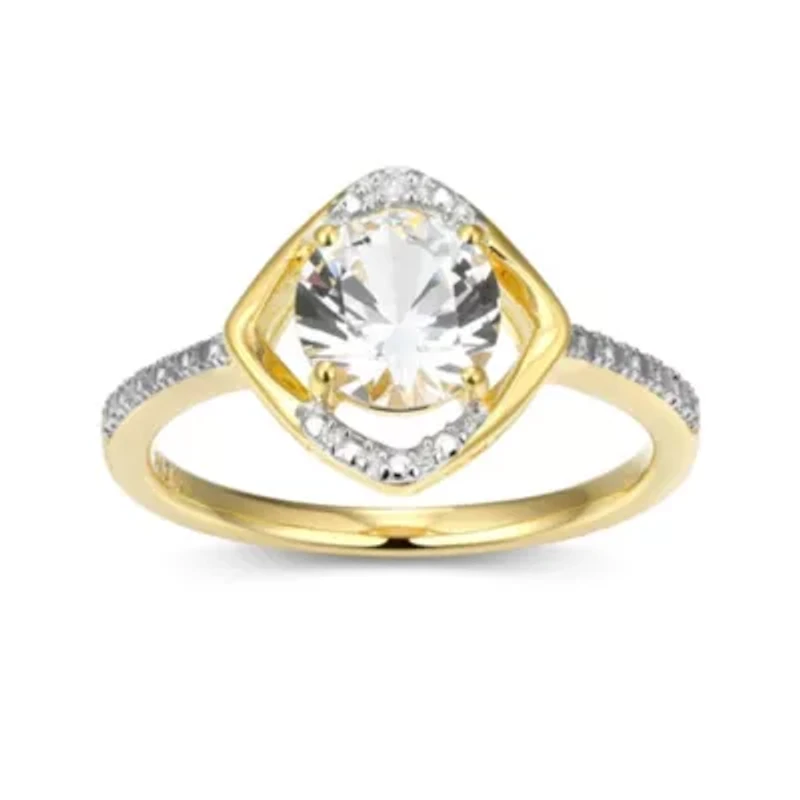 18K Yellow Gold Plated Sterling Silver Birthstone Gemstone and Diamond Accent Halo Ring