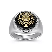 Men's Genuine Black Spinel and Created White Sapphire Lion Ring Two-tone Sterling Silver