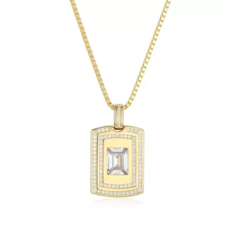 18K Yellow Gold or Rhodium Plated Sterling Silver Men's Cubic Zirconia Pendant Necklace