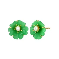 18K Yellow Gold Plated Sterling Silver Genuine Jade and Pearl Flower Stud Earrings