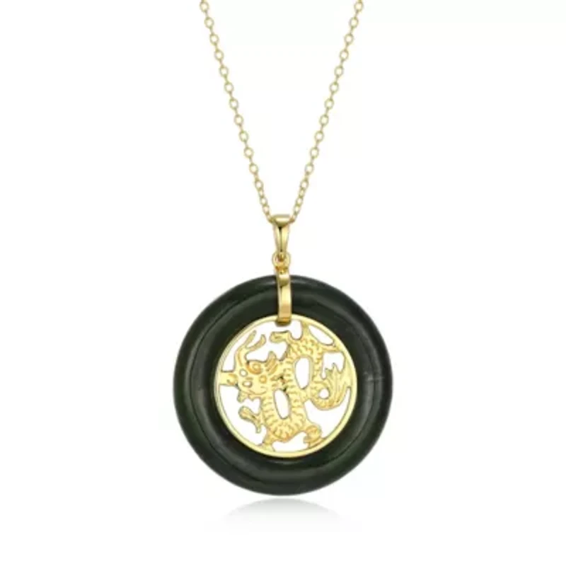 18K Yellow Gold Plated Sterling Silver Genuine Nephrite Jade Dragon Pendant Necklace