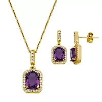 Genuine African Amethyst and Created White Sapphire Halo Necklace and Earring Set in 18K Gold over Sterling Silver