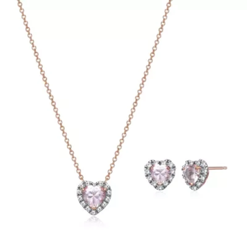 Created Pink and White Sapphire Halo Heart Necklace and Earring Set in Sterling Silver