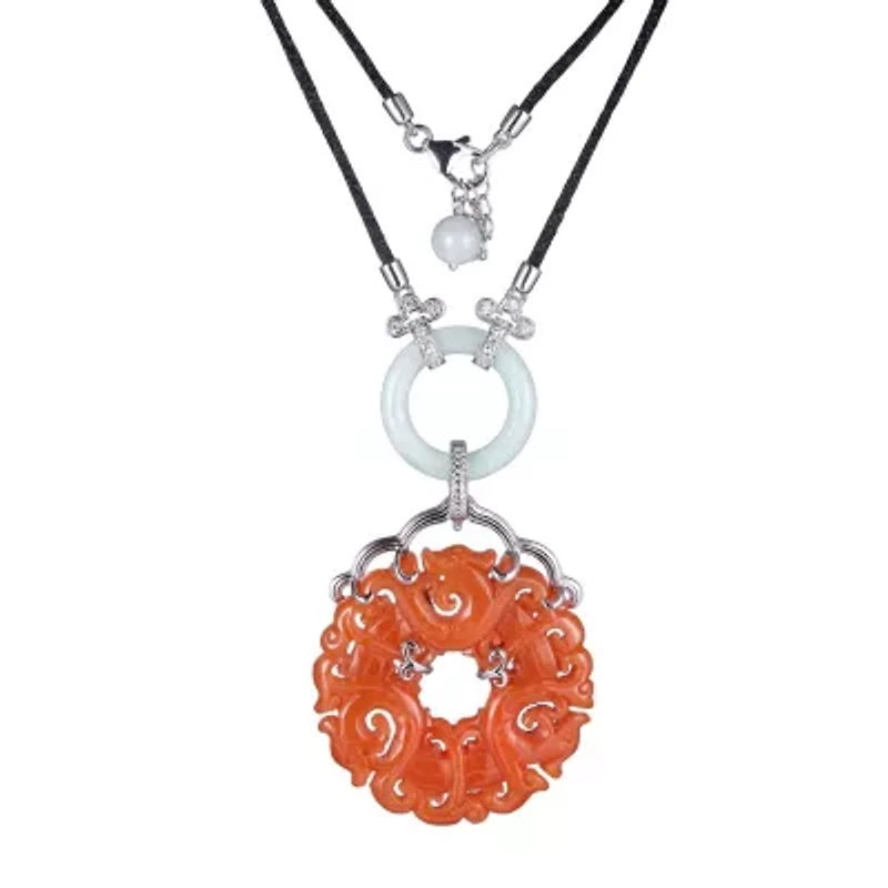 Carved Dyed Red Jade Medallion Pendant With Green Jade And Cubic Zirconia In Rhodium Plated Sterling Silver On 25" Black Silk Cord