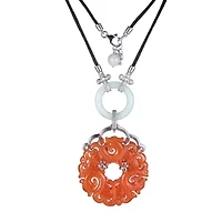 Carved Dyed Red Jade Medallion Pendant With Green Jade And Cubic Zirconia In Rhodium Plated Sterling Silver On 25" Black Silk Cord