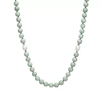 Genuine Green Jade and White Pearl Bead Necklace in Rhodium-plated Sterling Silver