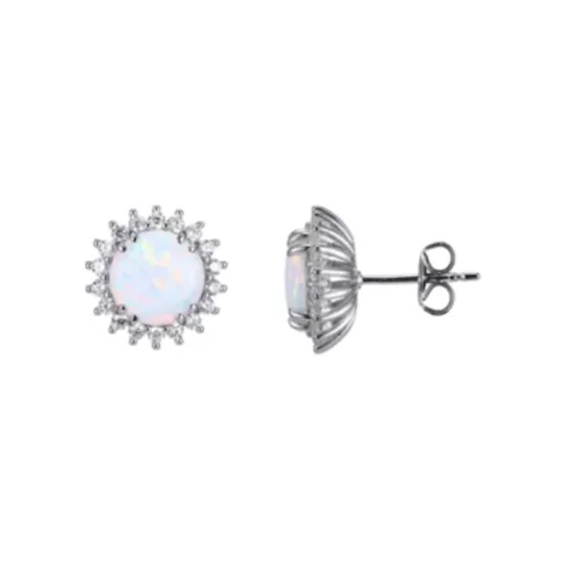 Lab Created Round Created Opal Halo Earrings in Rhodium-plated Sterling Silver