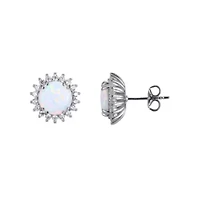 Lab Created Round Created Opal Halo Earrings in Rhodium-plated Sterling Silver