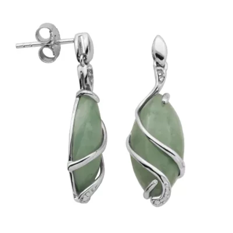 Marquise Genuine Jade and Diamond Accent Drop Earrings with Twist Embellishment in Rhodium Plated Sterling Silver
