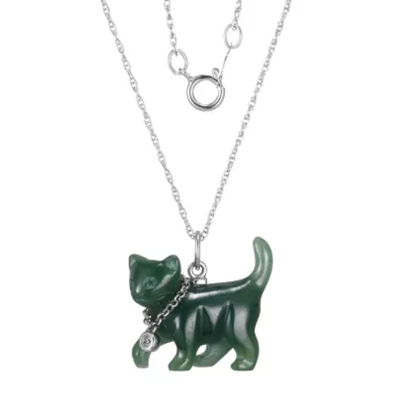Genuine Nephrite Jade and Created White Sapphire Cat Pendant in Rhodium-plated Sterling Silver