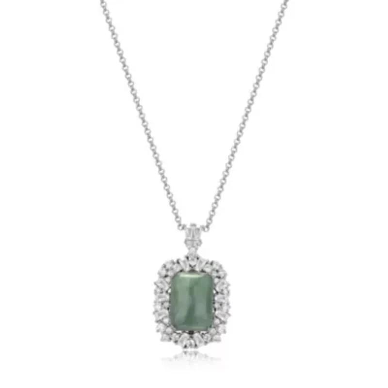 Rhodium Plated Sterling Silver Genuine Jade and Cubic Zirconia Scattered Halo Pendant Necklace
