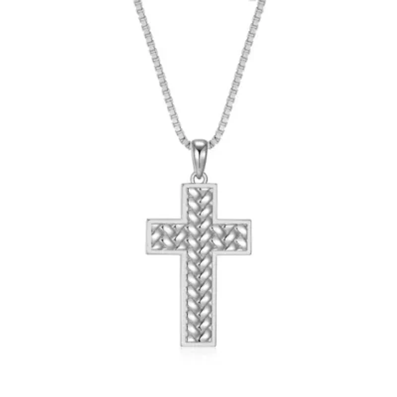 Rhodium Plated Sterling Silver Men's Cross Pendant Necklace