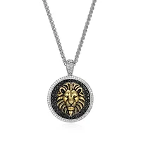 Men's Genuine Black Spinel and Created White Sapphire Lion Pendant Necklace in 18k Gold And Rhodium Plated Sterling Silver