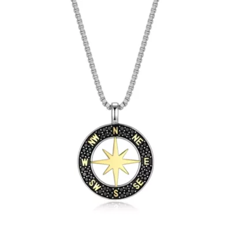 Men's Genuine Black Spinel Compass Pendant Necklace in 18K Gold and Rhodium Plated Sterling Silver