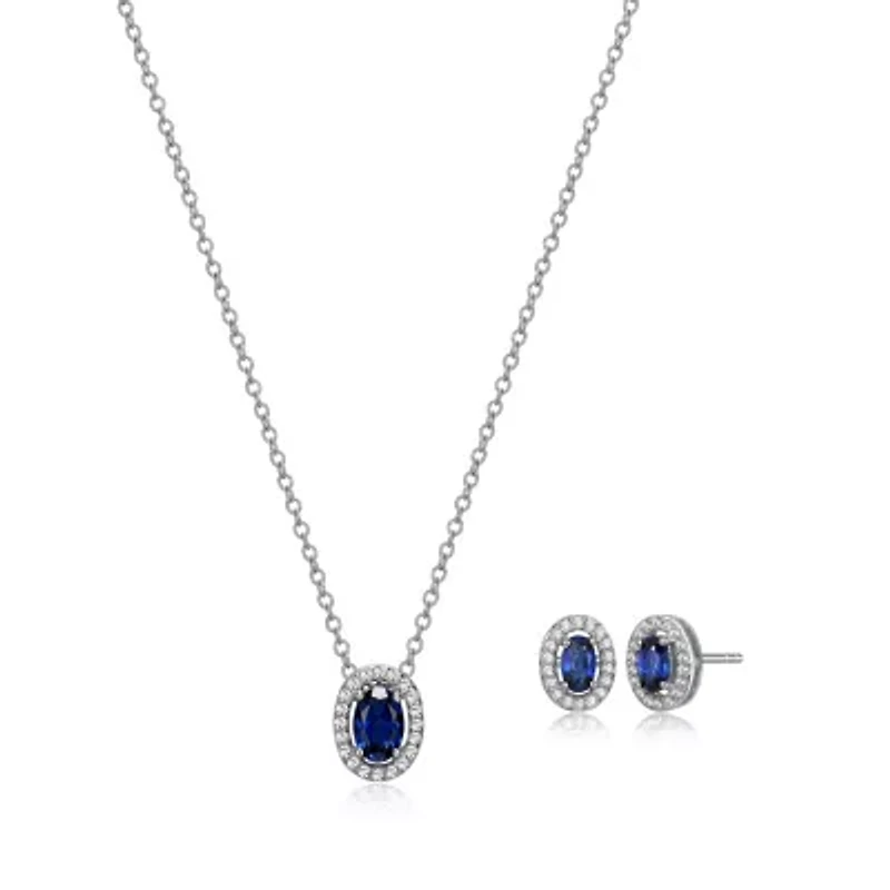 Created Blue and White Sapphire Halo Necklace and Earring Set in Sterling Silver