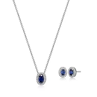 Created Blue and White Sapphire Halo Necklace and Earring Set in Sterling Silver