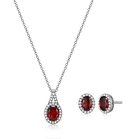 Genuine Garnet and Created White Sapphire Oval Halo Necklace and Earring Set in Sterling Silver