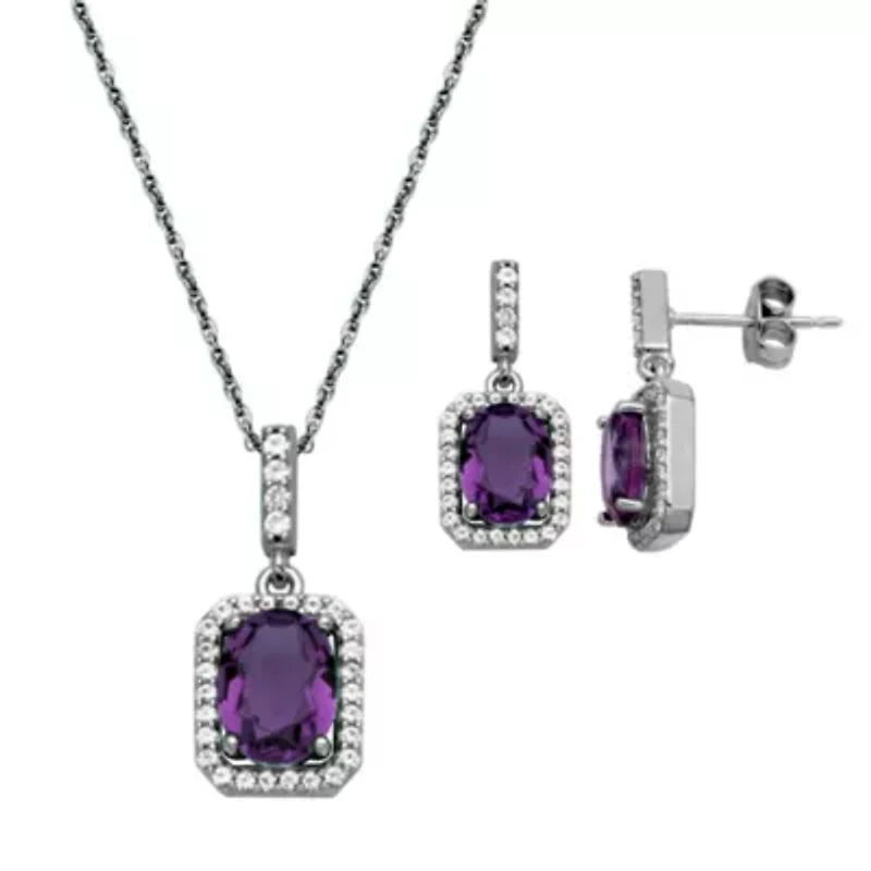 Genuine African Amethyst and Created White Sapphire Halo Necklace and Earring Set in Sterling Silver
