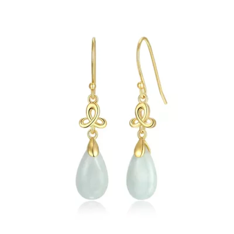 Genuine Green Jade Pear Drop Shepherds Hook Earrings in 18k Yellow Gold Plated Sterling Silver
